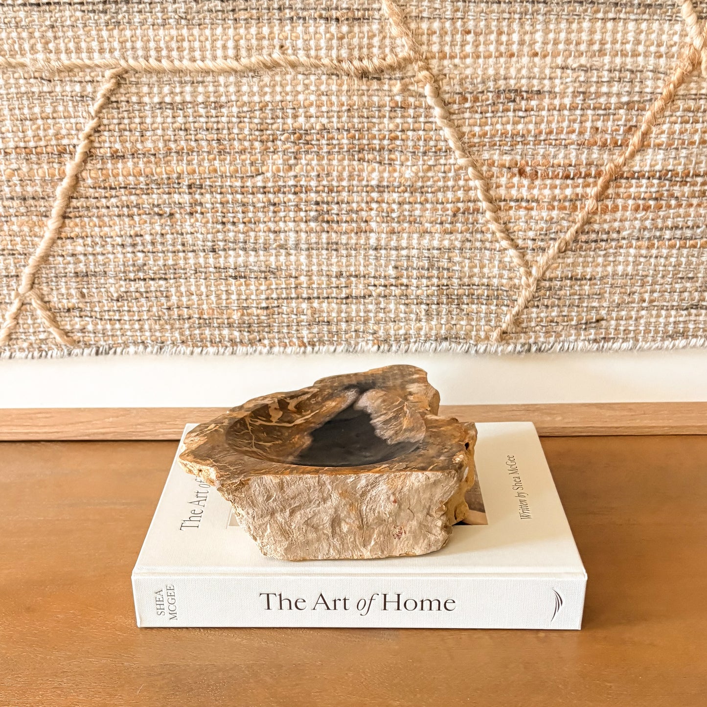 Small petrified wood bowl from Indonesia, rustic natural stone decor bowl with polished fossil wood interior.