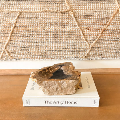 Small petrified wood bowl from Indonesia, rustic natural stone decor bowl with polished fossil wood interior.