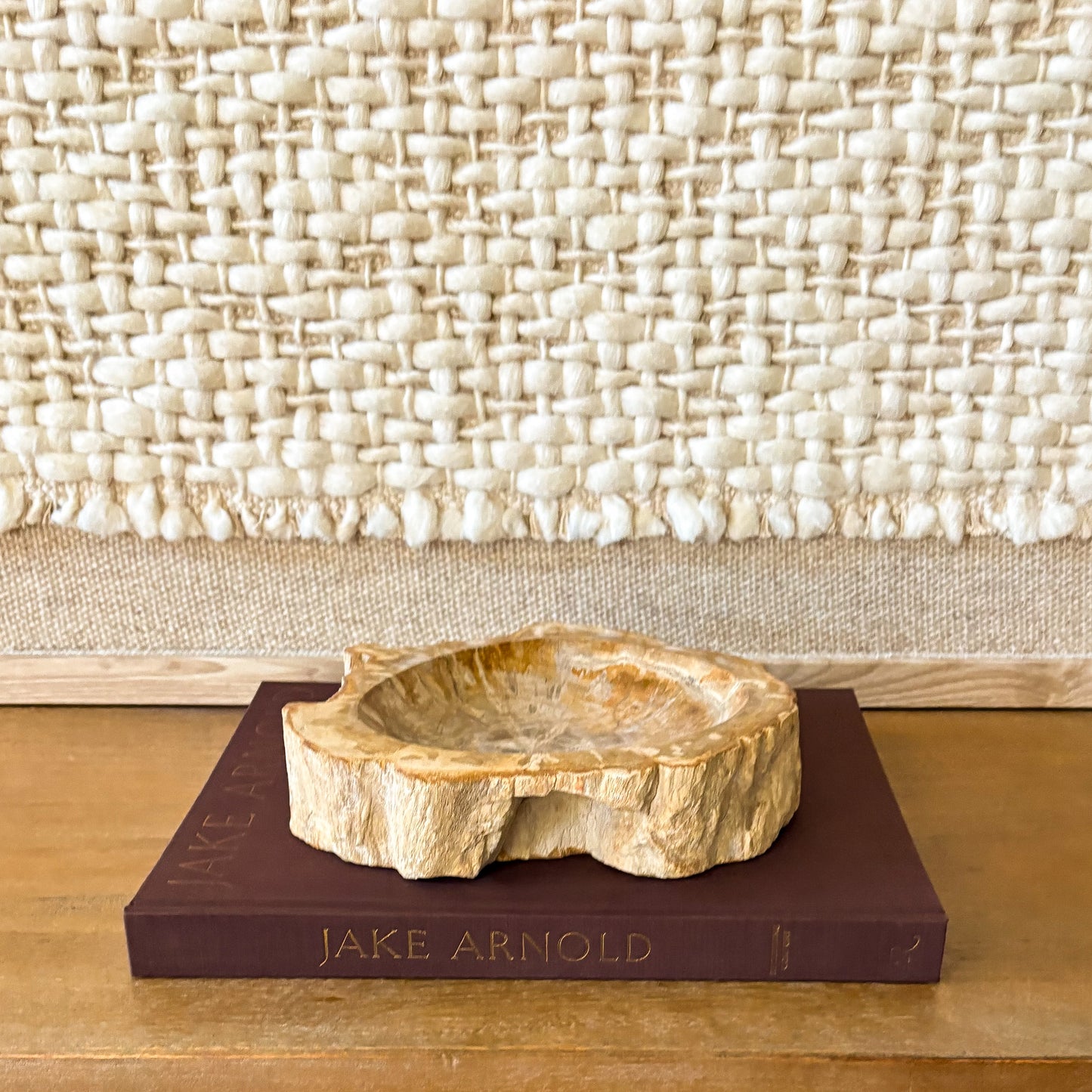 Small Indonesian petrified wood bowl handcrafted from fossilized wood, natural stone decor dish with unique grain patterns
