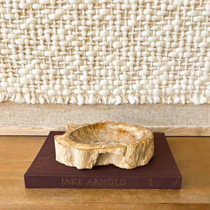 Small Indonesian petrified wood bowl handcrafted from fossilized wood, natural stone decor dish with unique grain patterns