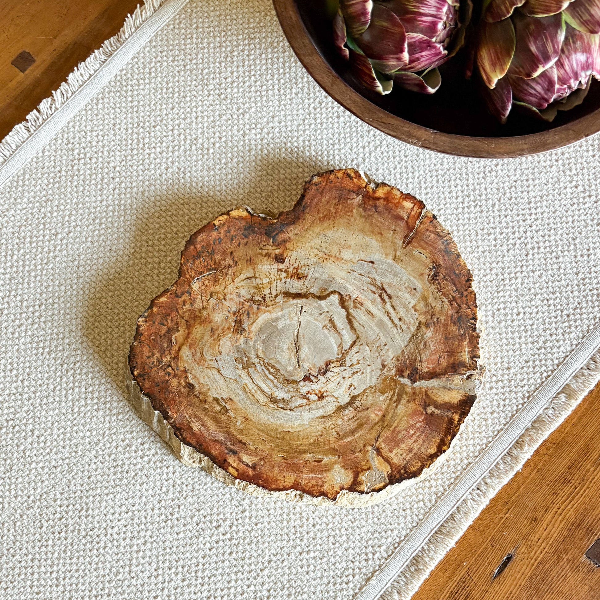 Luxury petrified wood serving board made from ancient Indonesian fossilized wood