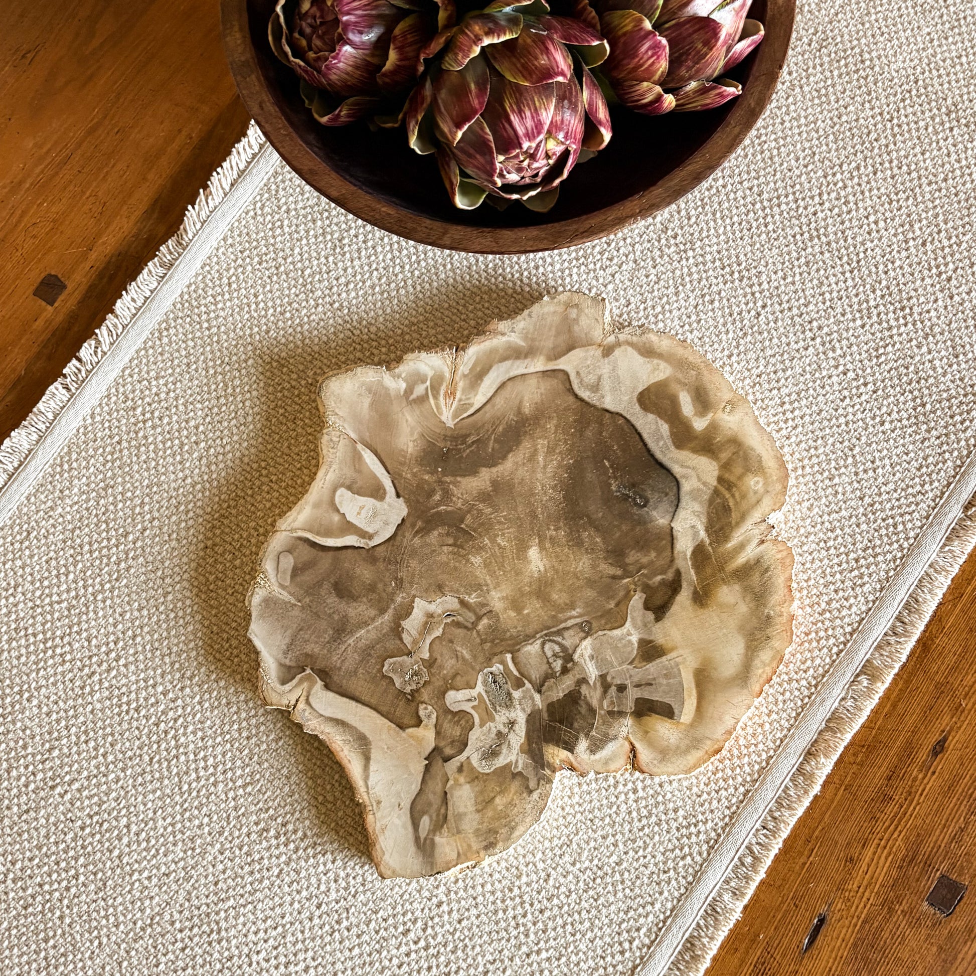 Artisan Indonesian petrified wood serving tray featuring one-of-a-kind stone textures