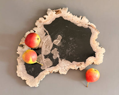 Organic petrified wood serving board showcasing dramatic black and cream coloration, natural grain patterns, and an irregular silhouette.