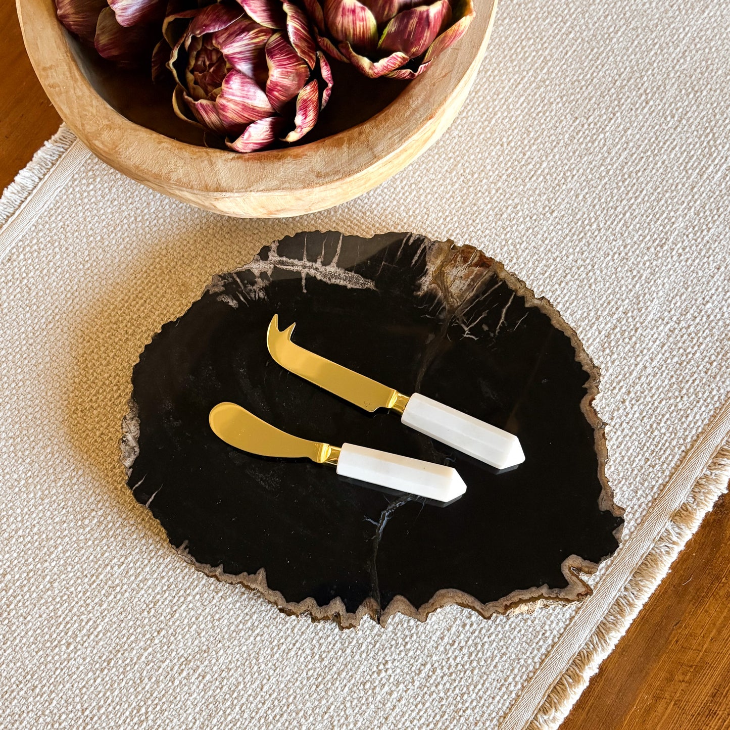 black indonesian fossilized wood serving platter