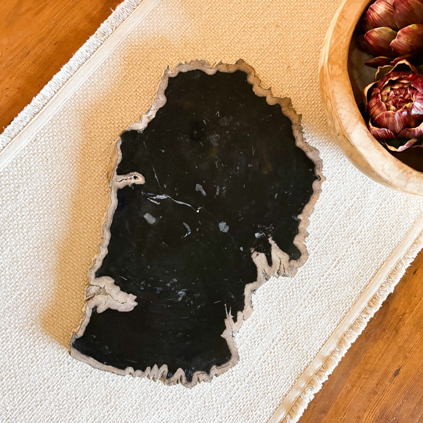 black indonesian fossilized wood serving tray