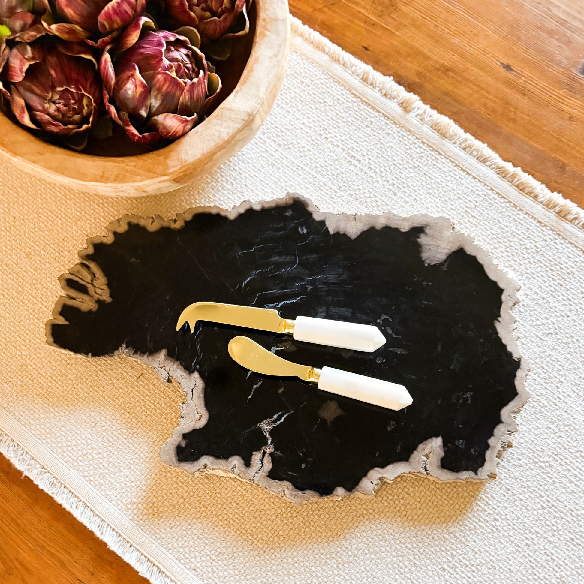 black indonesian fossilized wood charcuterie board