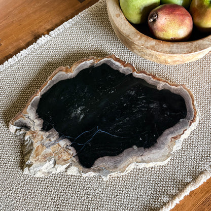 Indonesian petrified wood serving board with natural fossilized wood grain and polished finish
