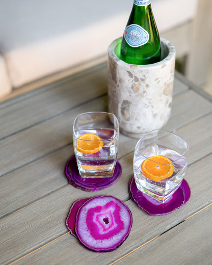 Polished fuchsia agate coaster set for modern home décor