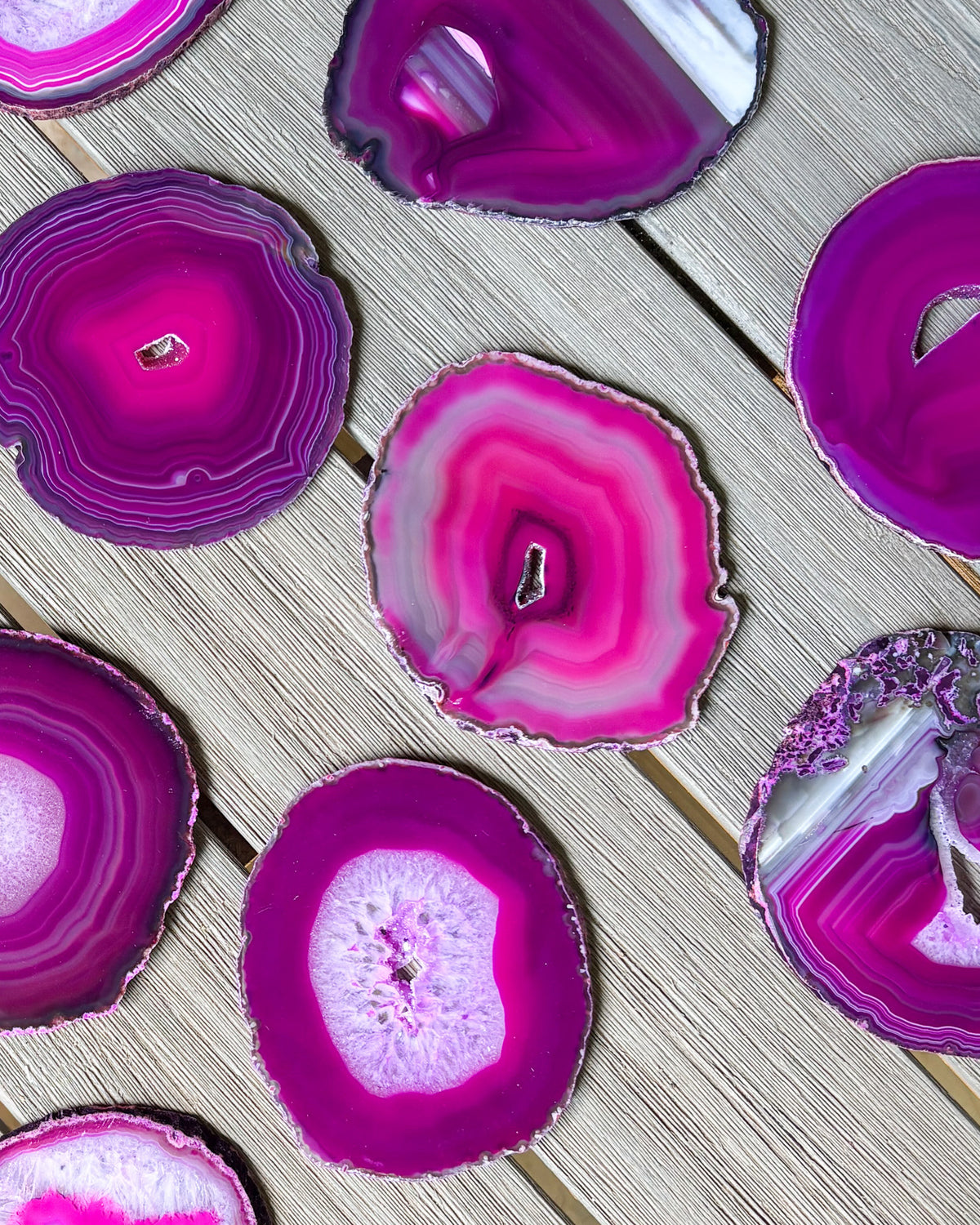 Polished pink agate coasters for coffee table décor