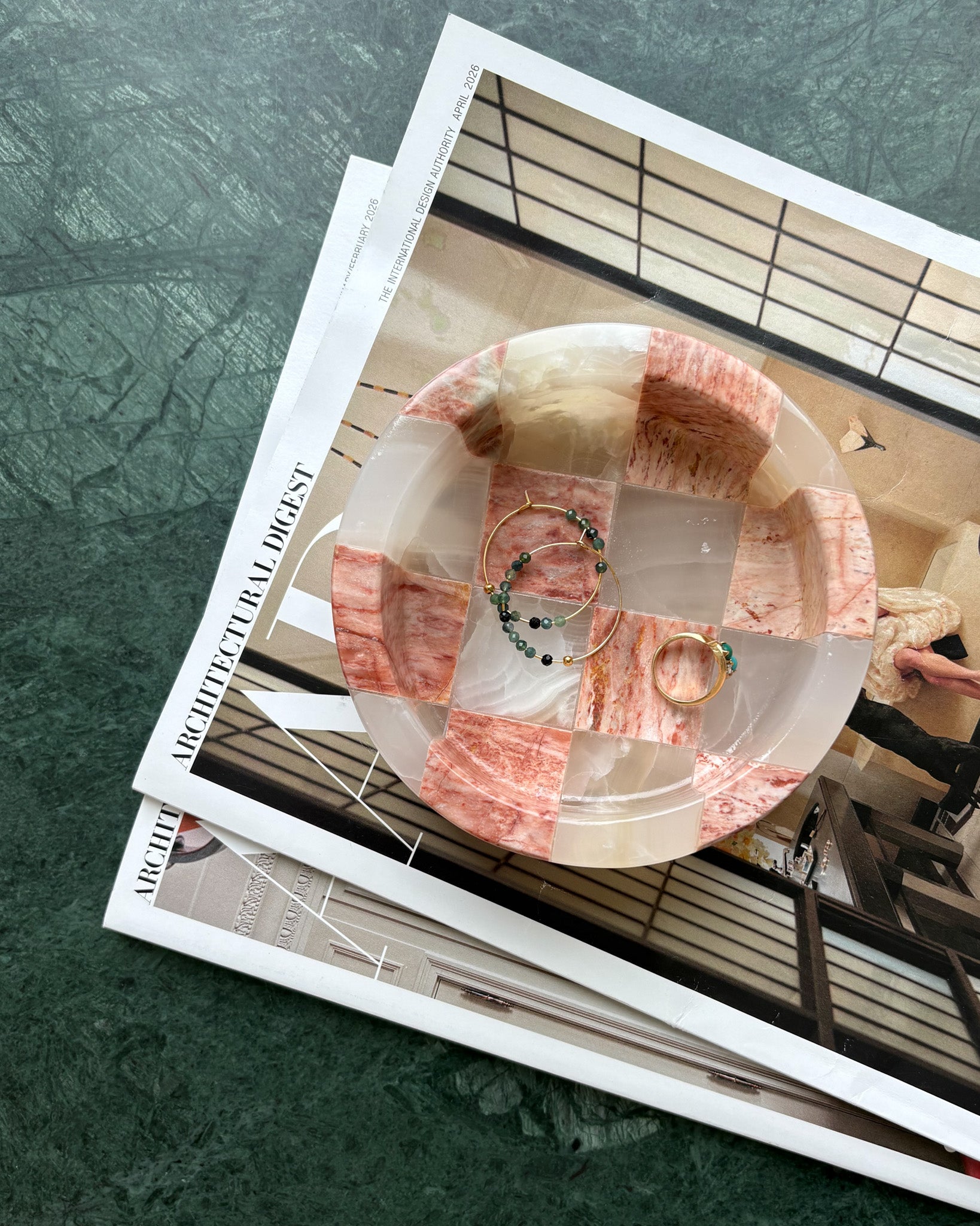 Pink marble and white onyx checker dish for jewelry and home decor