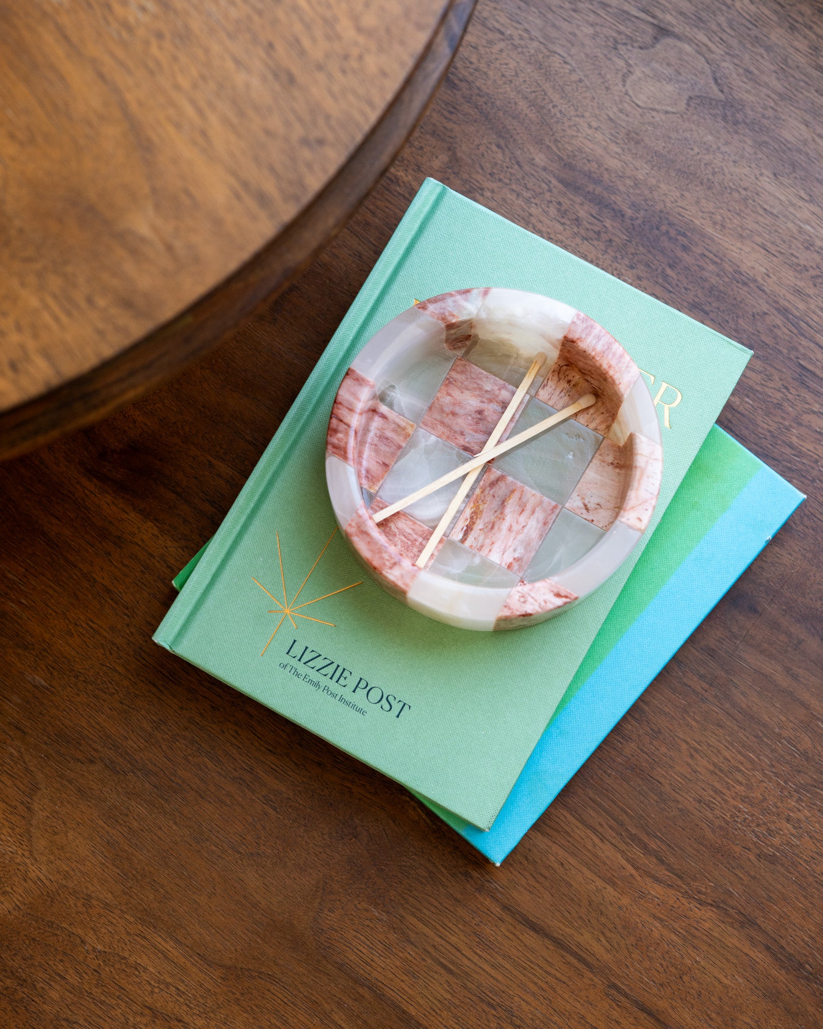 Decorative pink marble and white onyx stone catchall dish