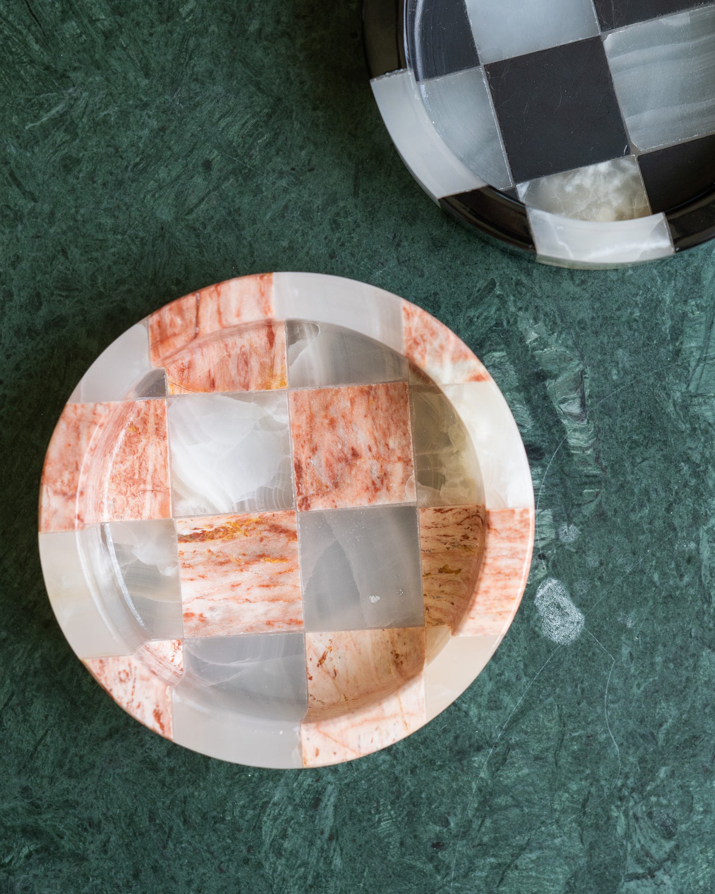 Handcrafted marble and onyx checker dish for vanity decor