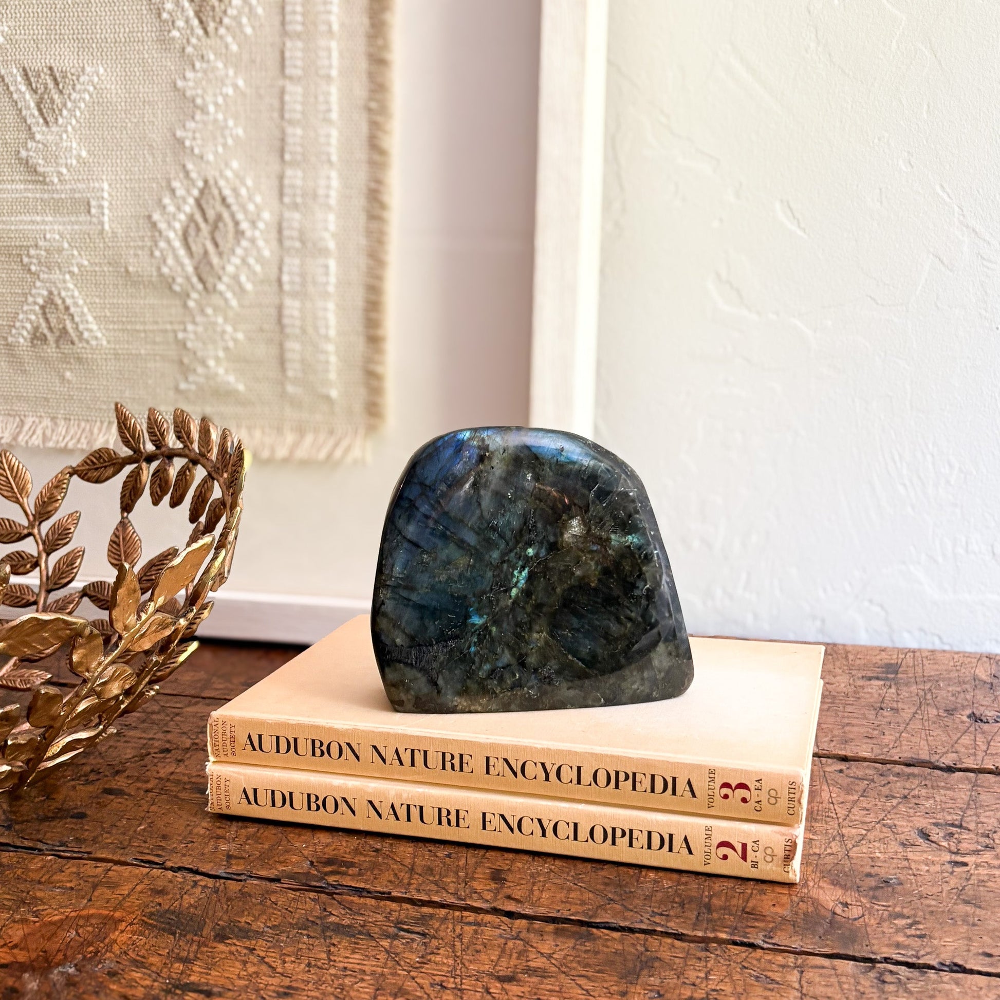 Labradorite stone on top of two Audubon Nature Encyclopedia books with a decorative metal bowl in the background.