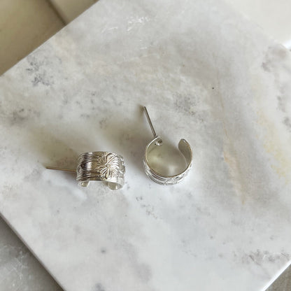 silver boho etched floral hoop earrings