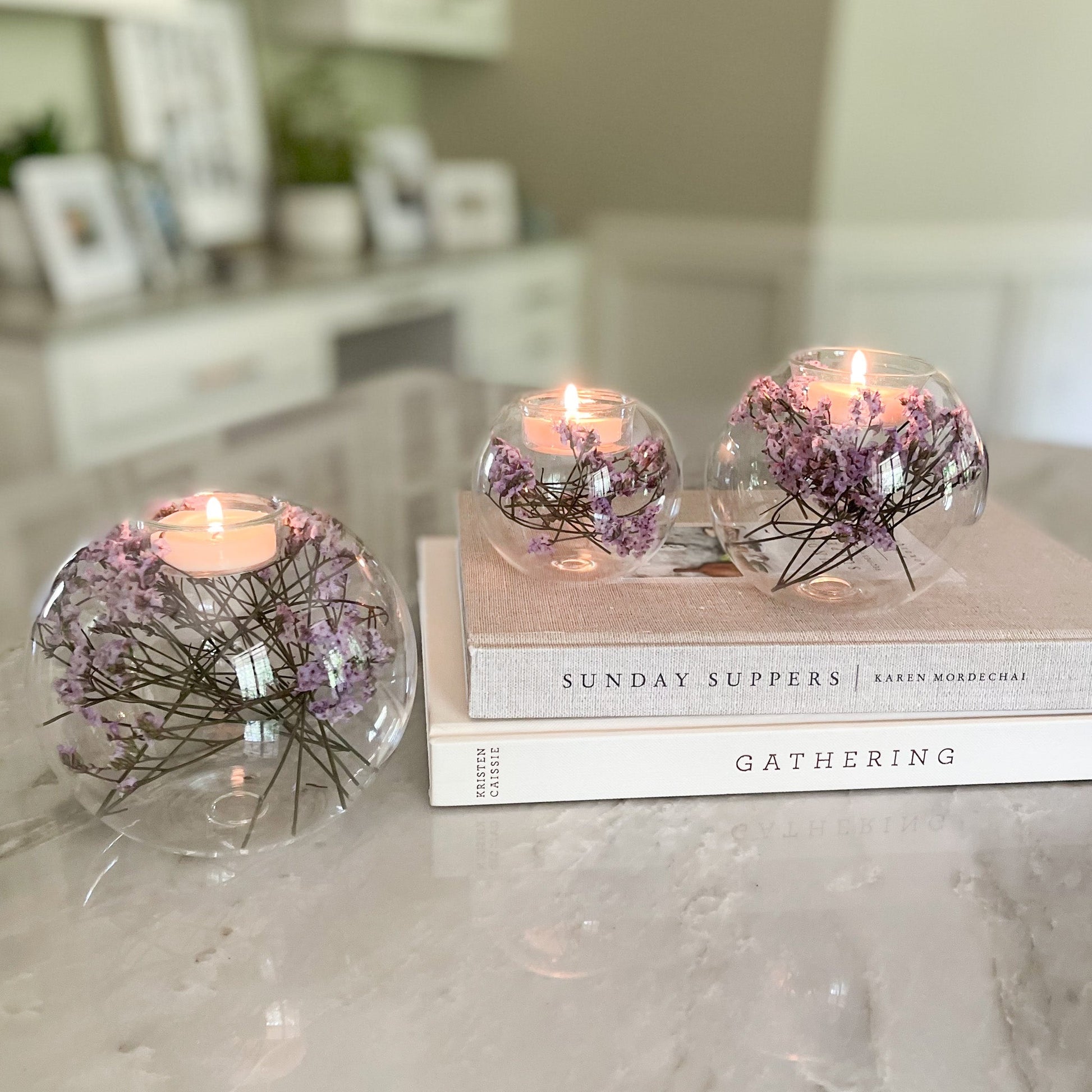 natural home accents, purple dried flower tealight candle holder