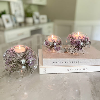 natural home accents, purple dried flower tealight candle holder