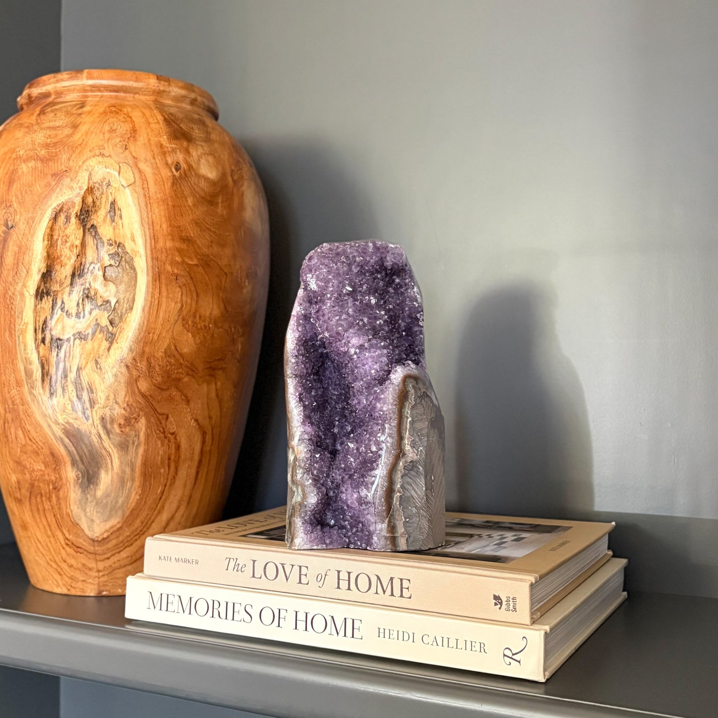 Rainbow amethyst geode cluster with sparkling purple crystals, home decor accent