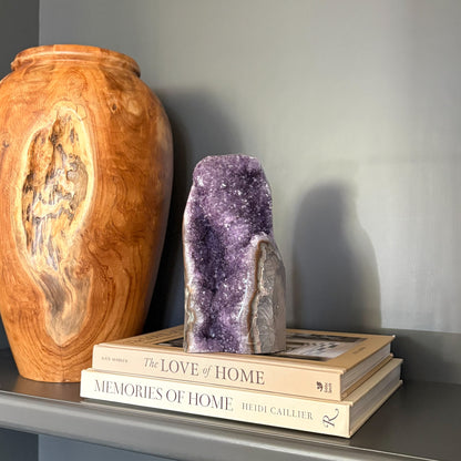 Rainbow amethyst geode cluster with sparkling purple crystals, home decor accent