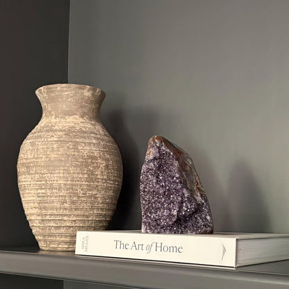 Natural crystal geode home décor with purple amethyst and minimalist styling