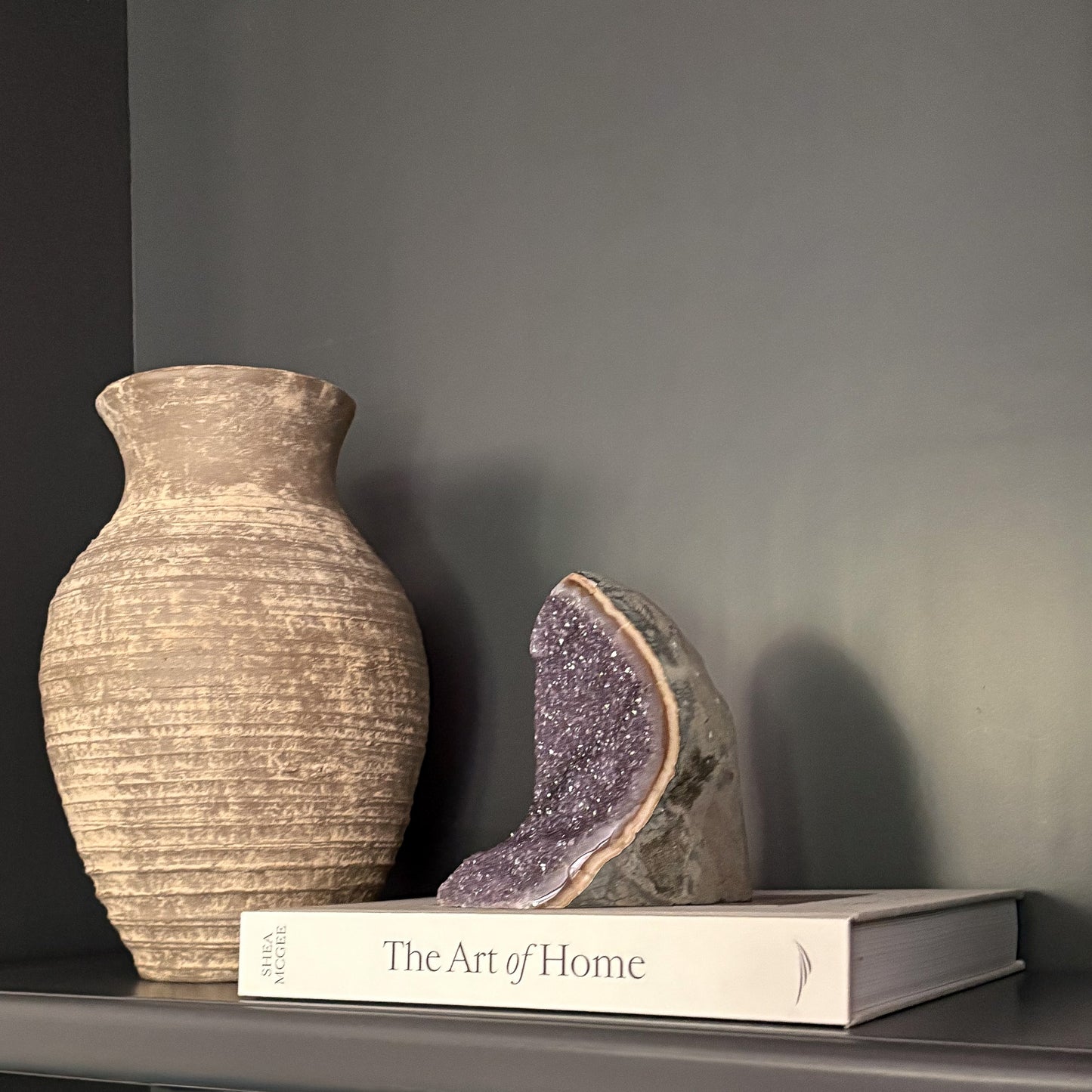 Natural crystal geode home décor with purple amethyst and minimalist styling