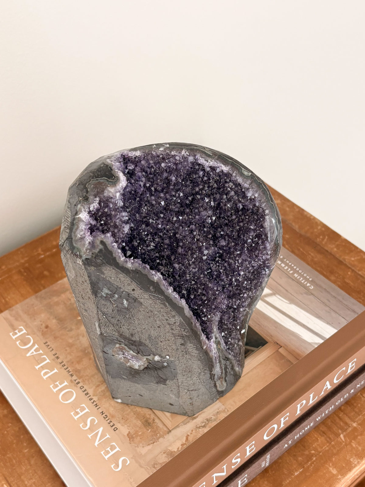 Rainbow amethyst geode showing natural crystal detail