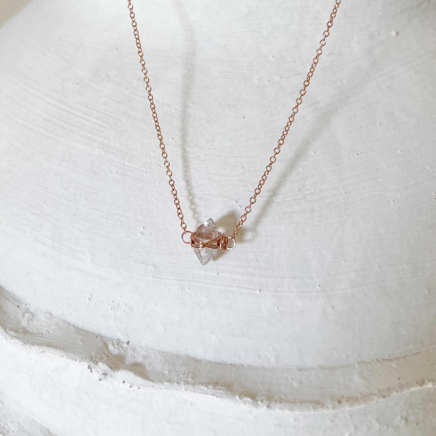 Herkimer diamond crystal necklace in rose gold