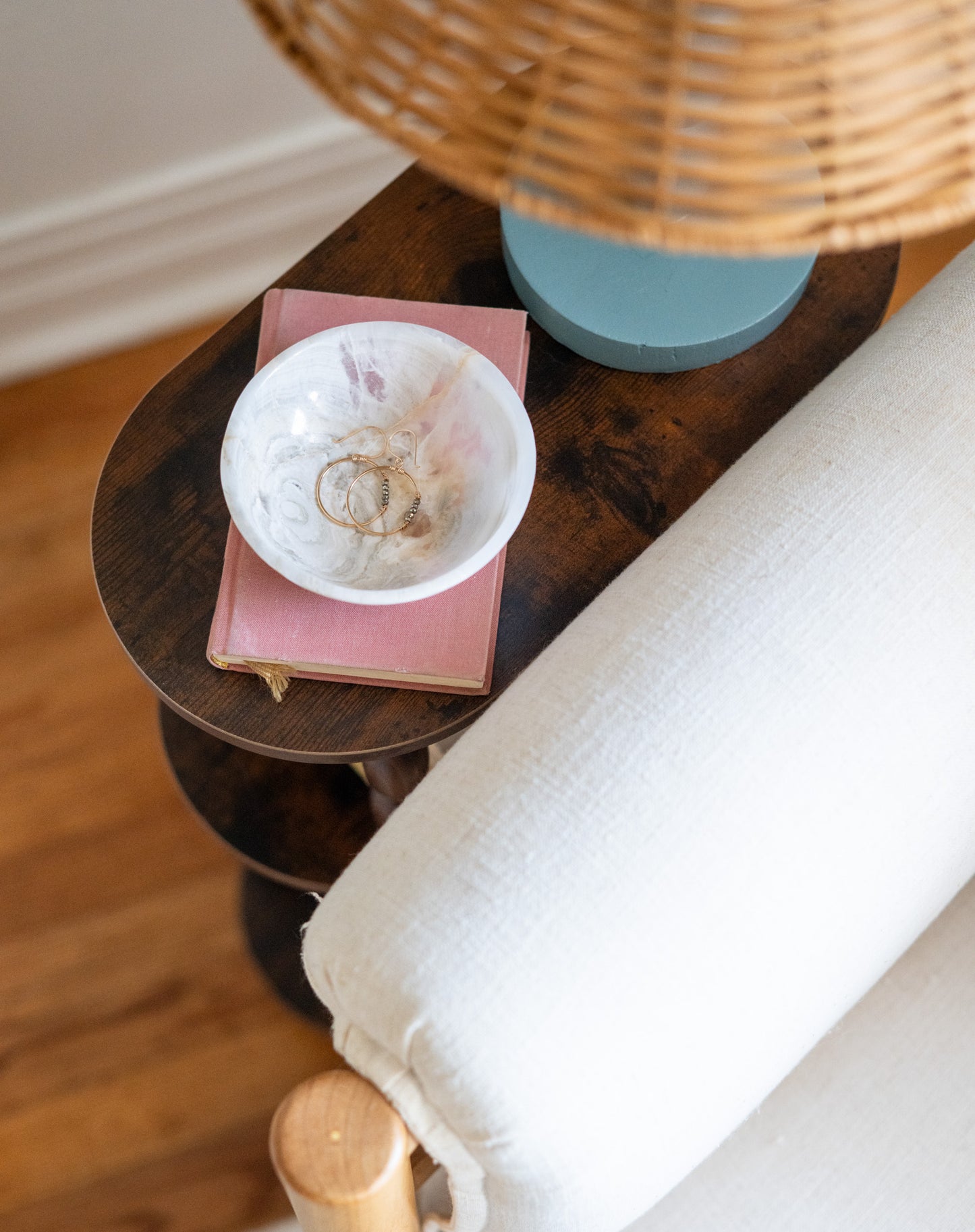 Elegant round white onyx ring dish for dresser or vanity