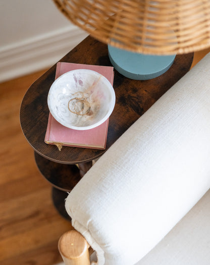 Elegant round white onyx ring dish for dresser or vanity