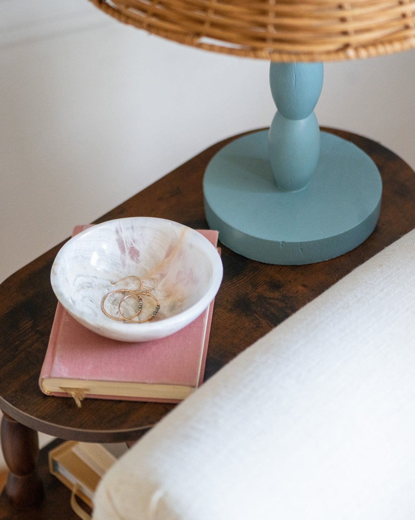 Round white onyx trinket dish handcrafted from natural stone