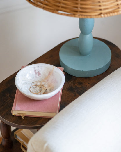Round white onyx trinket dish handcrafted from natural stone