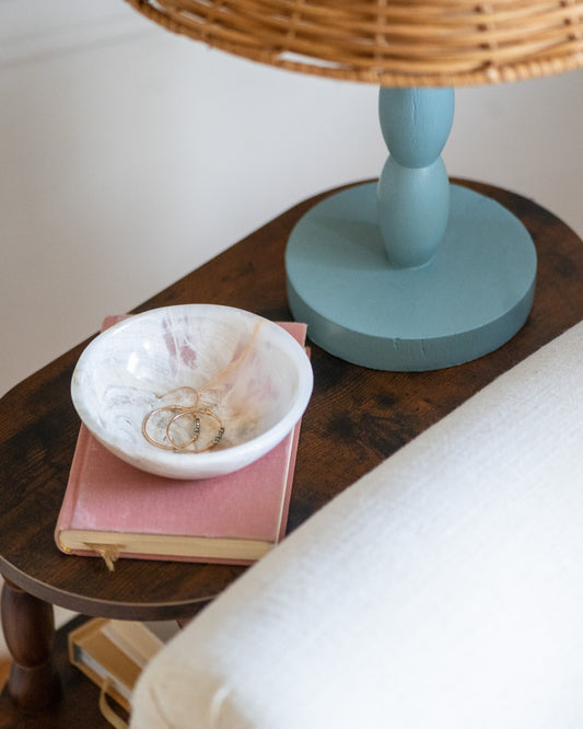 Round white onyx trinket dish handcrafted from natural stone