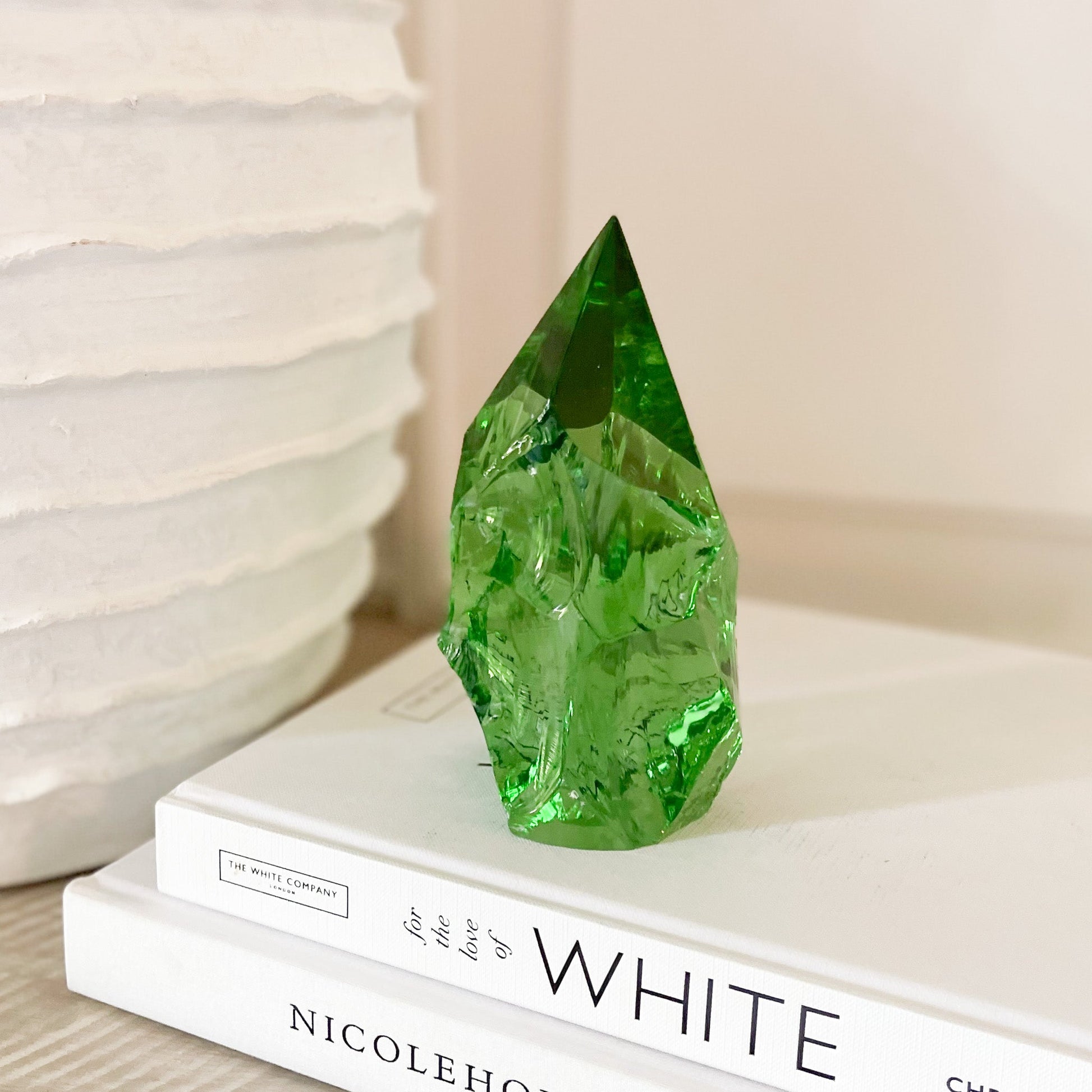 emerald green glass bookshelf decor