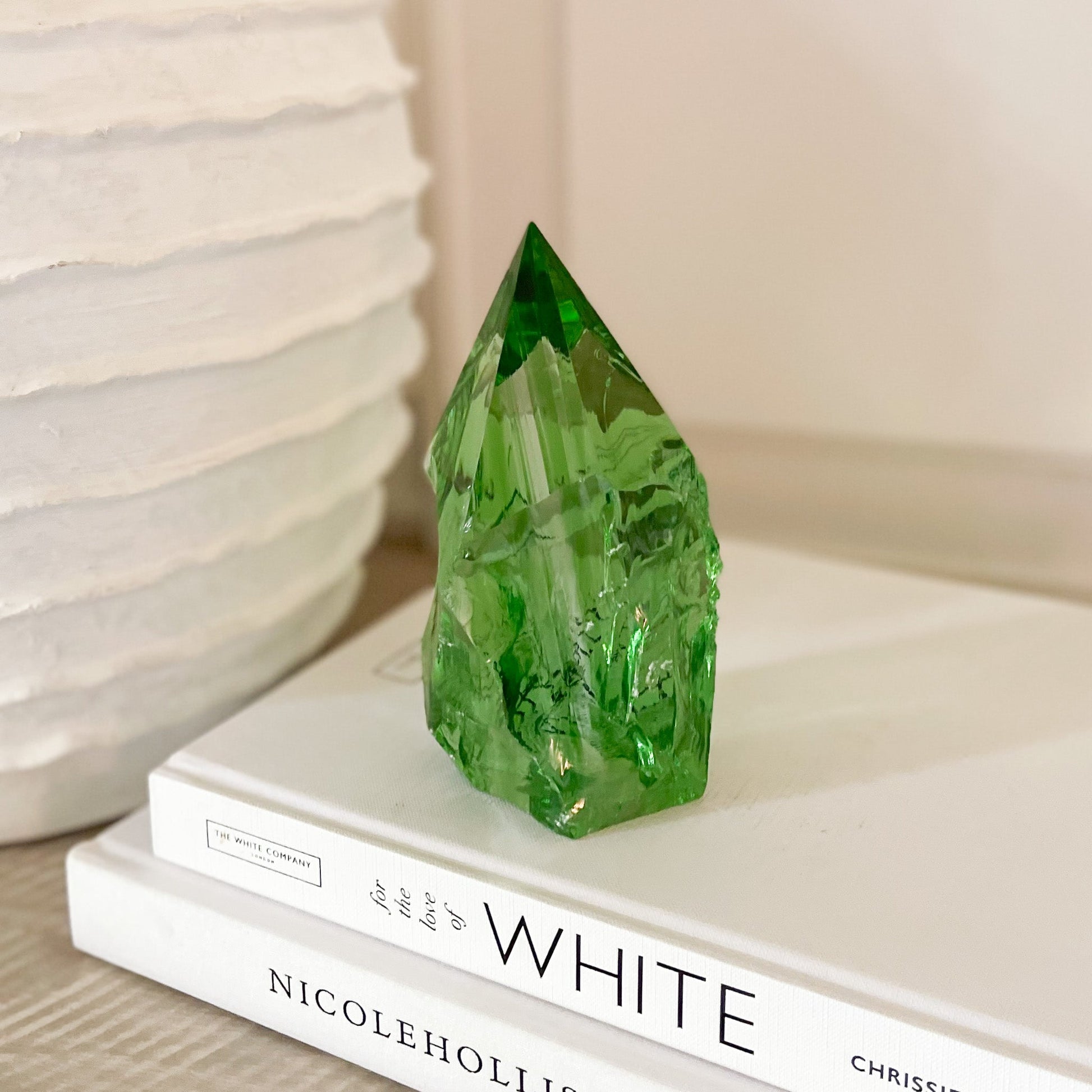 modern rustic green glass decorative object, green glass bookshelf decor