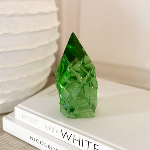 emerald green glass statue, green glass decor