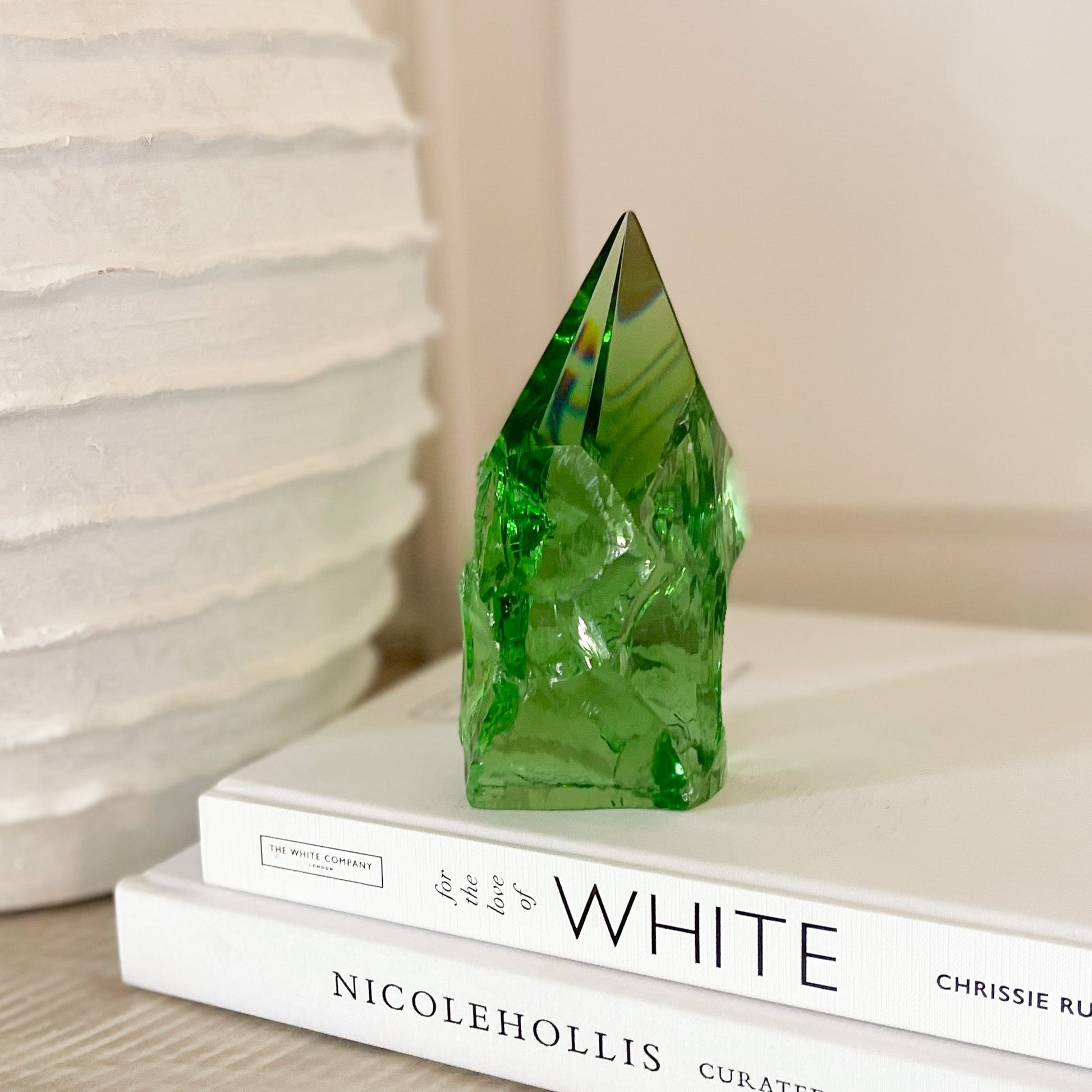 green glass decorative object, green glass decor