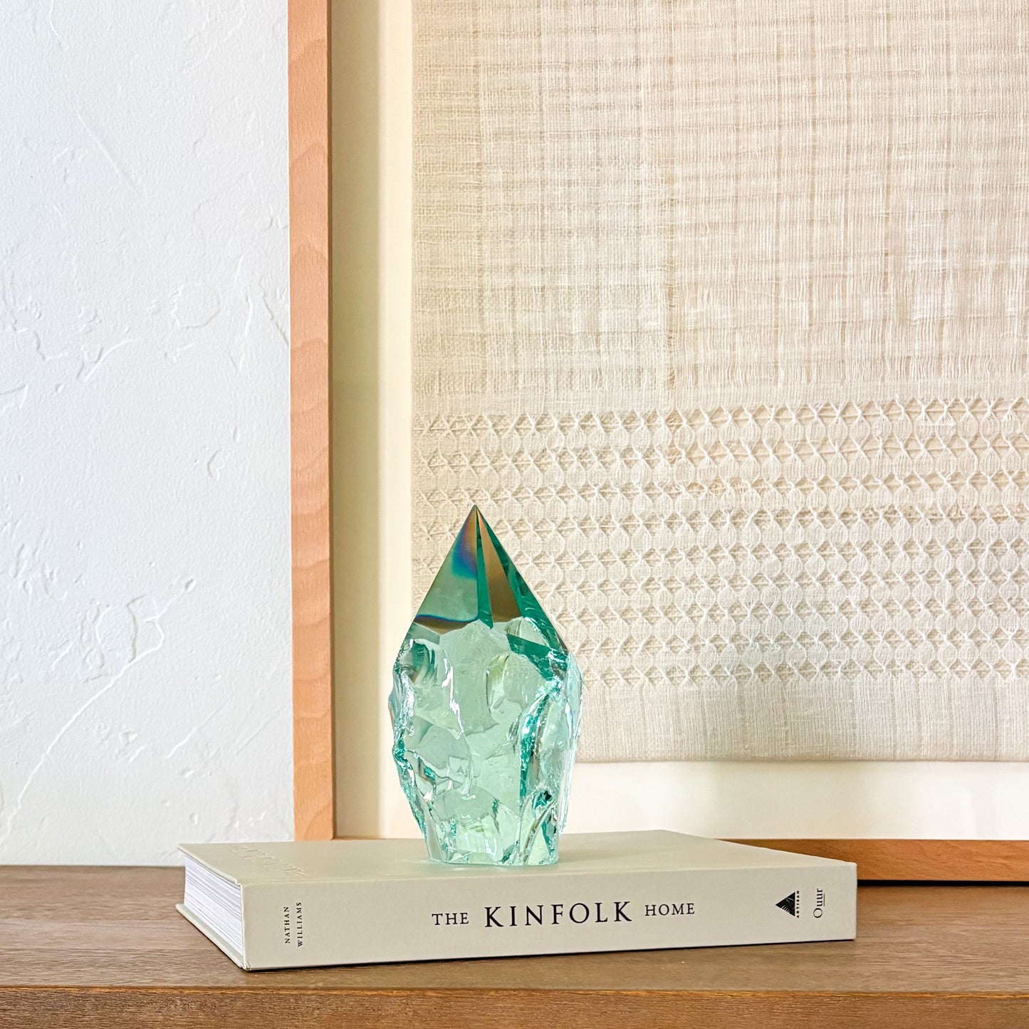 Modern rustic aqua glass decor piece for shelf styling