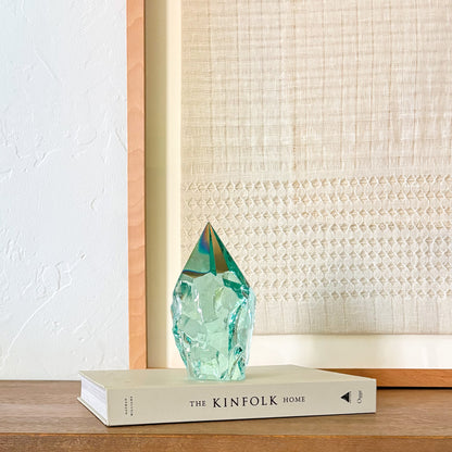 Modern rustic aqua glass decor piece for shelf styling