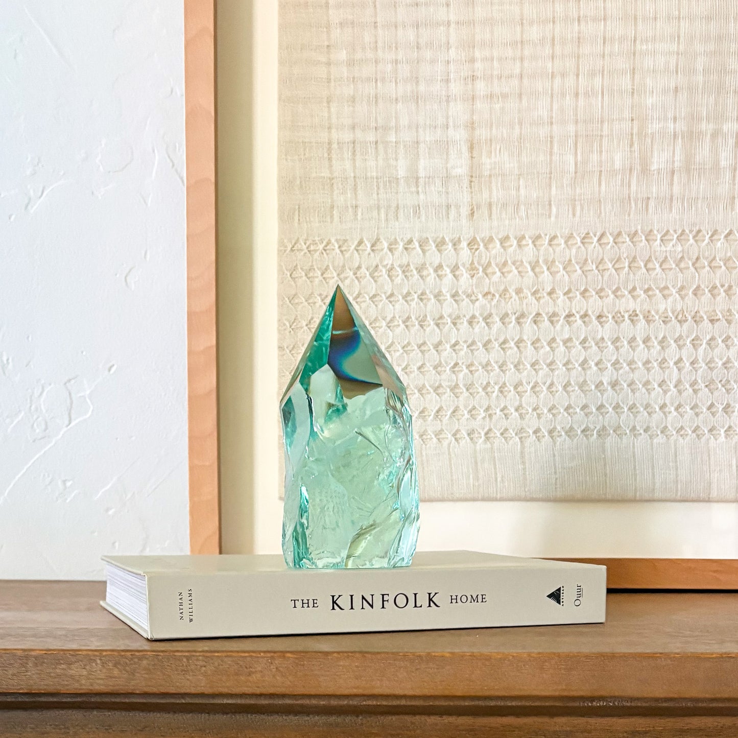 Aqua glass crystal decor accent on book stack