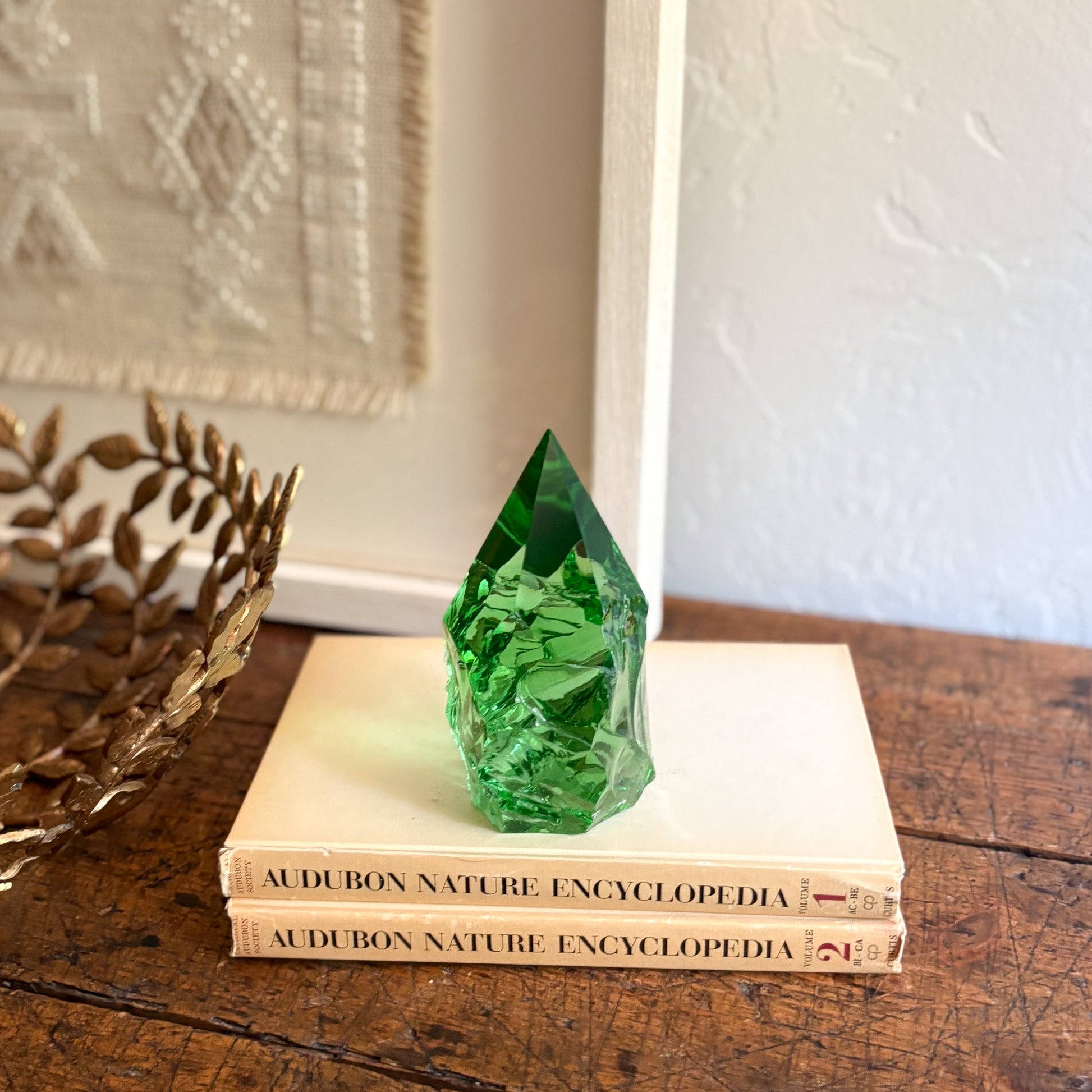 Green glass sculpture on top of 'Audubon Nature Encyclopedia' books on a wooden surface