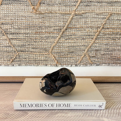 Madagascar septarian druzy egg sculpture with honey-gold calcite, dark matrix veining, and sparkling druzy crystal pockets