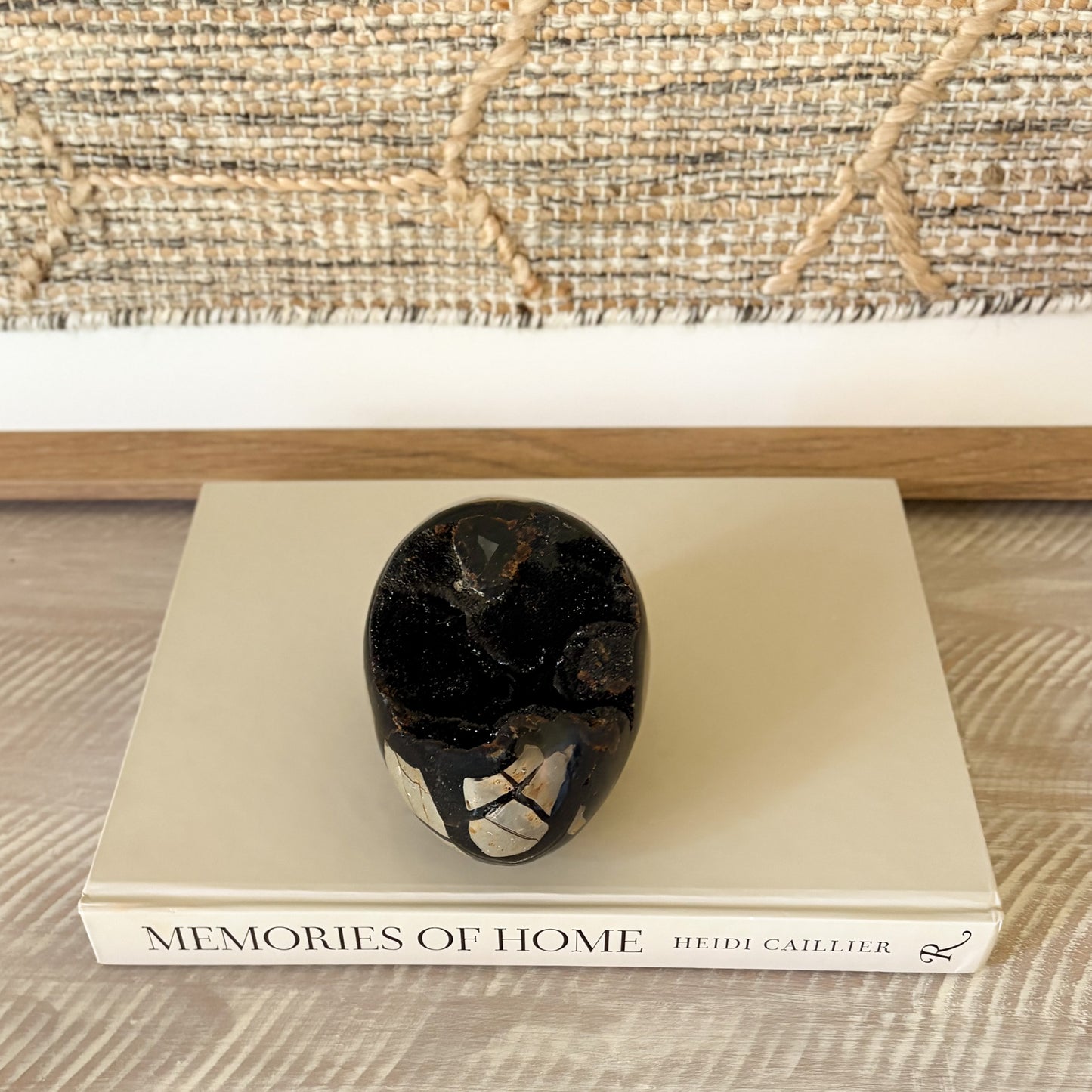 decorative septarian stone egg featuring natural crackle lines and sparkling druzy crystals