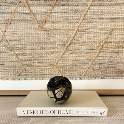 Decorative septarian druzy egg, tan and black with glittering crystal cavities