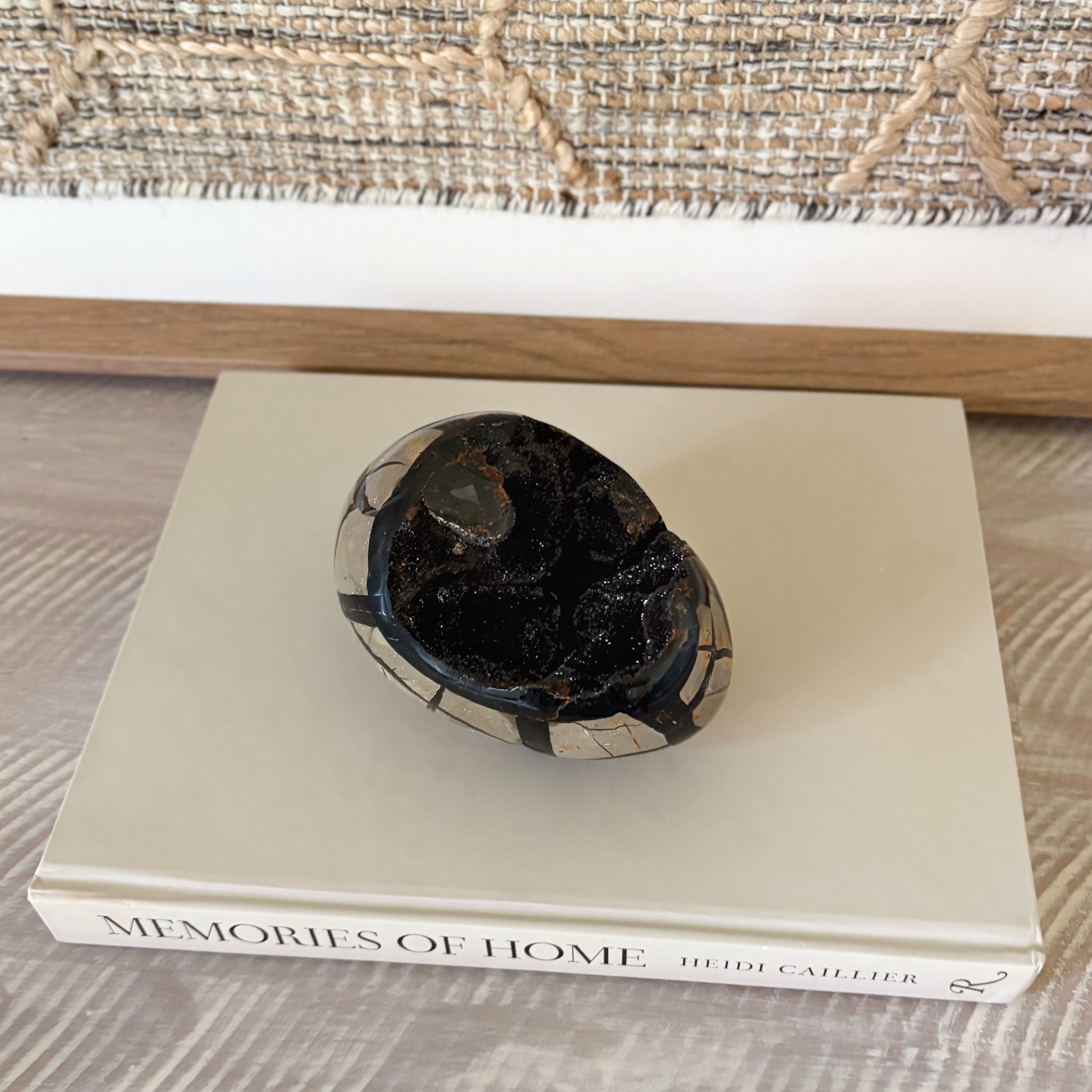 Decorative septarian egg with shimmering druzy accents for boho home styling