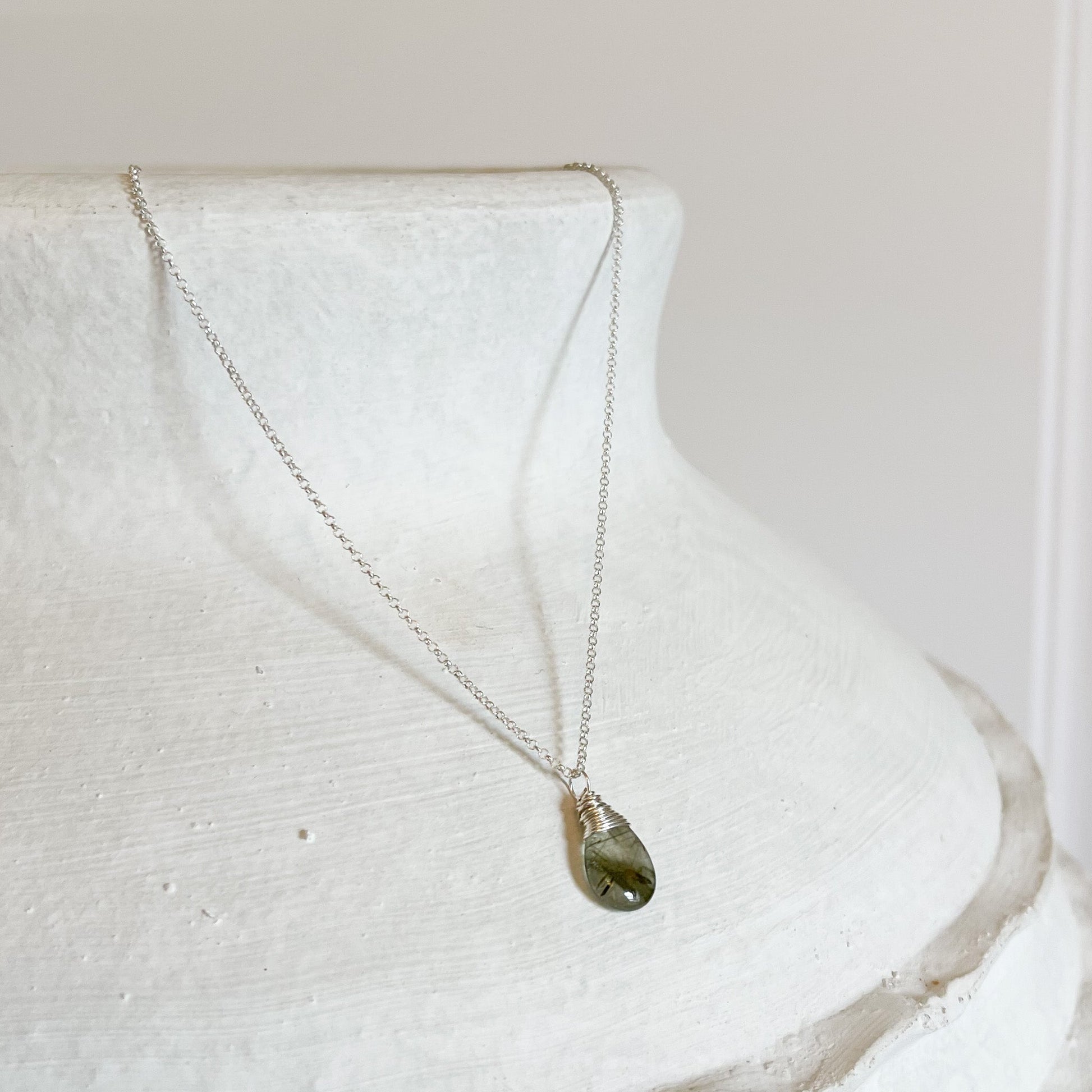 green rutilated quartz crystal necklace, natural stone jewelry