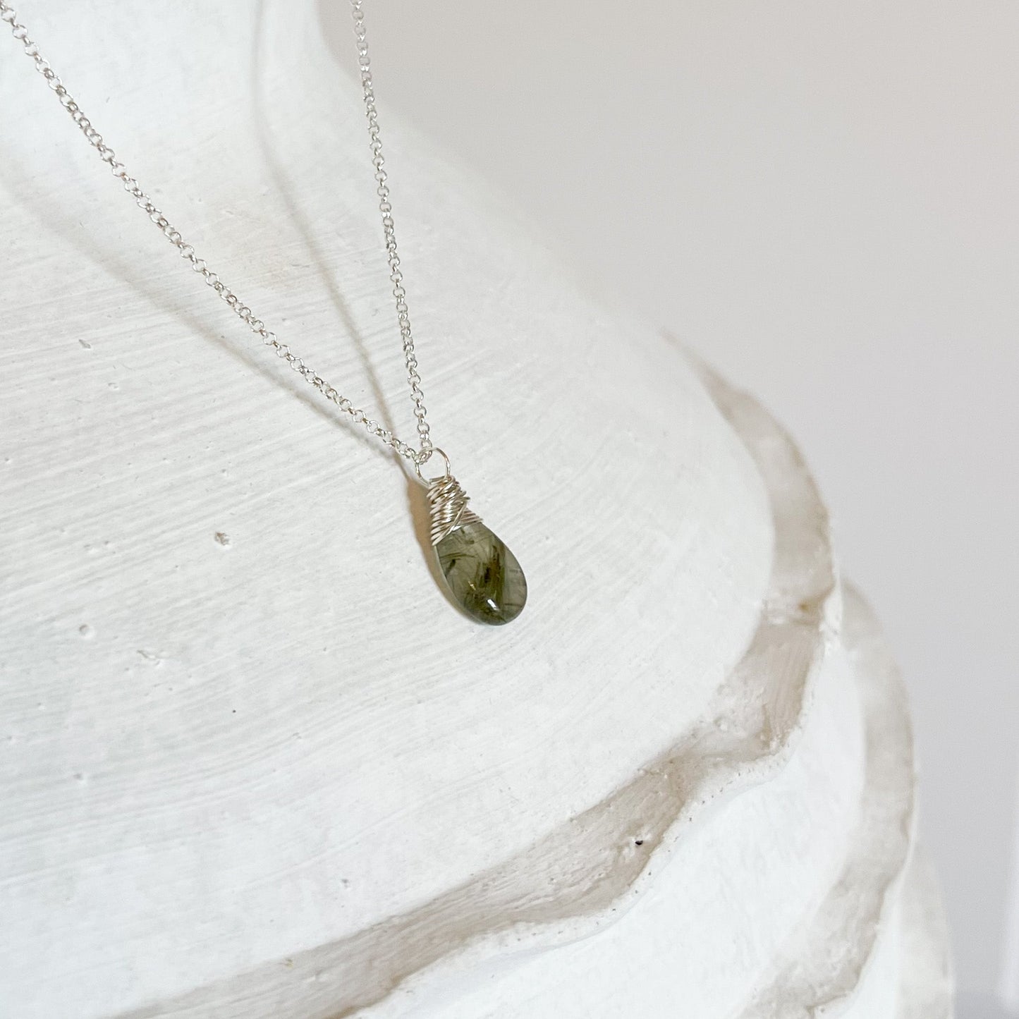 green rutilated quartz silver pendant necklace