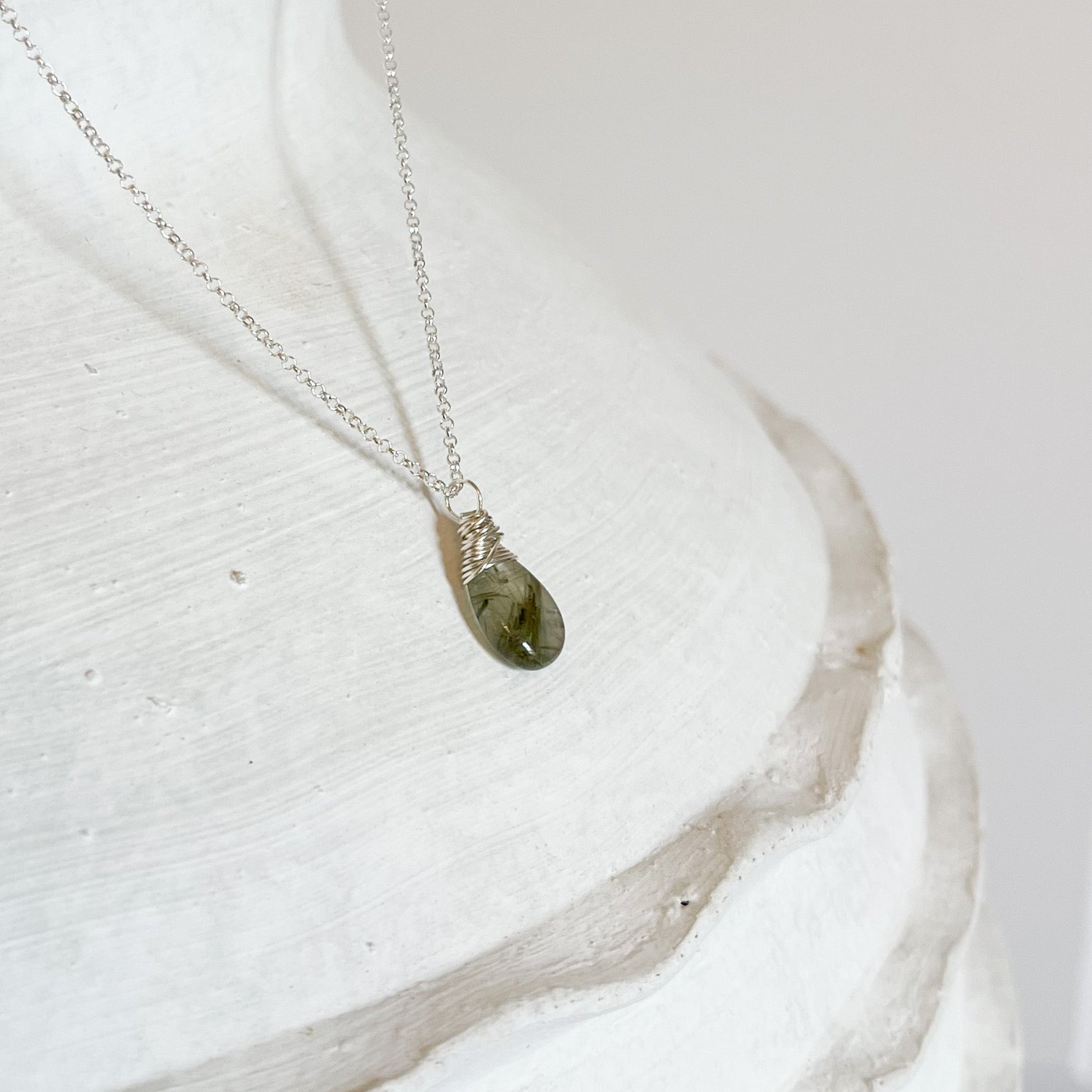 green rutilated quartz silver pendant necklace