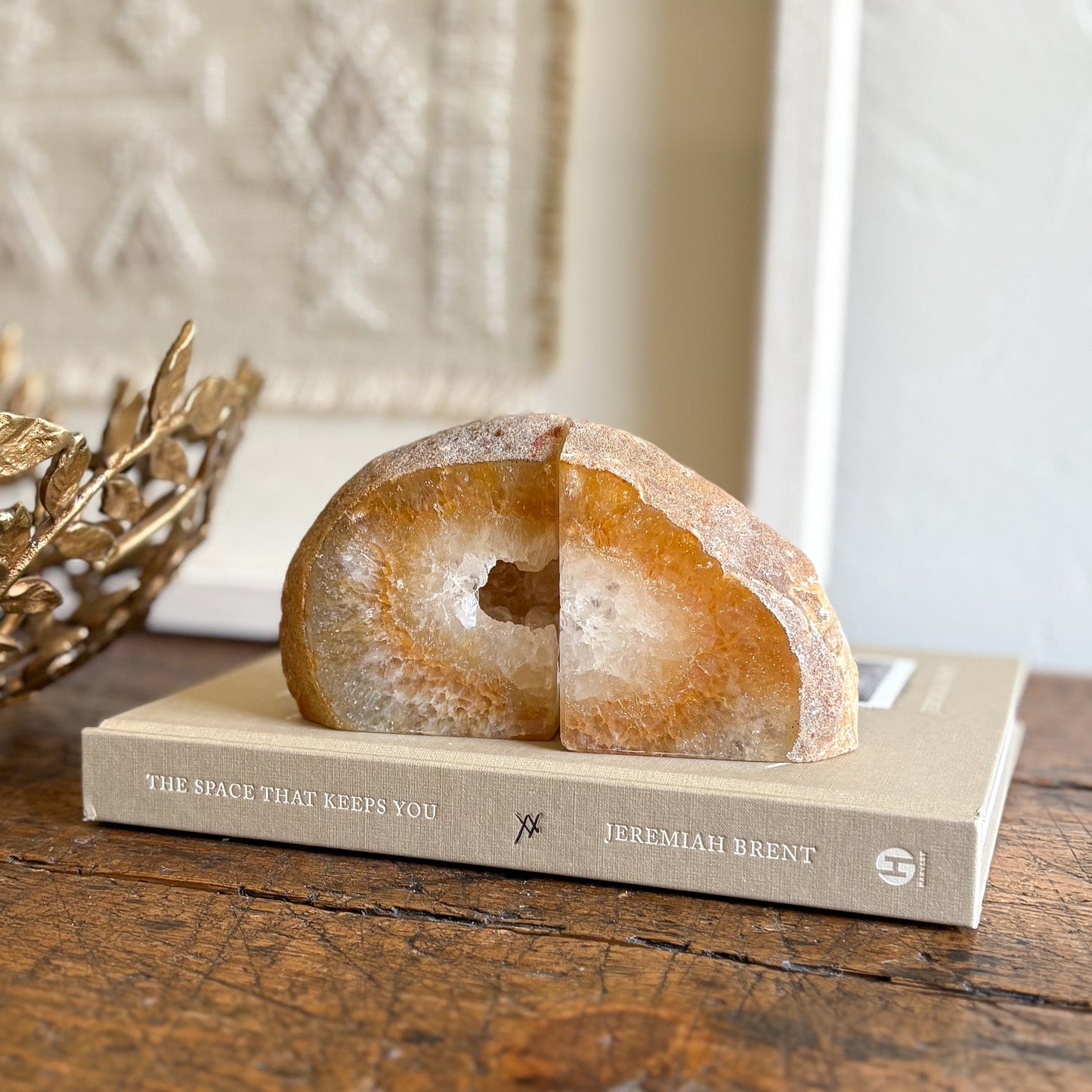 earth tone brazilian agate geode center bookends, natural home decor