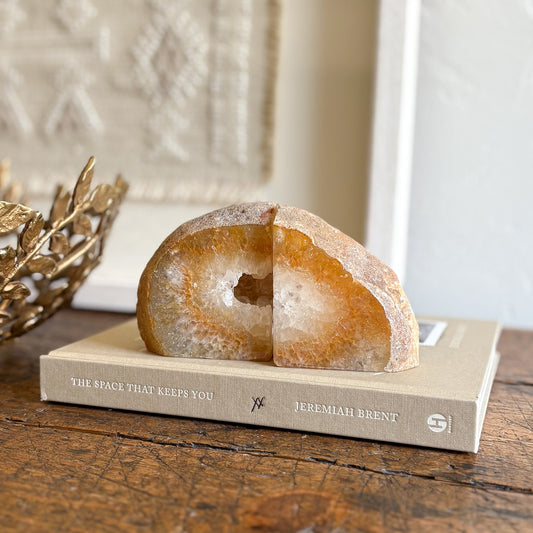 earth tone brazilian agate geode center bookends, natural home decor