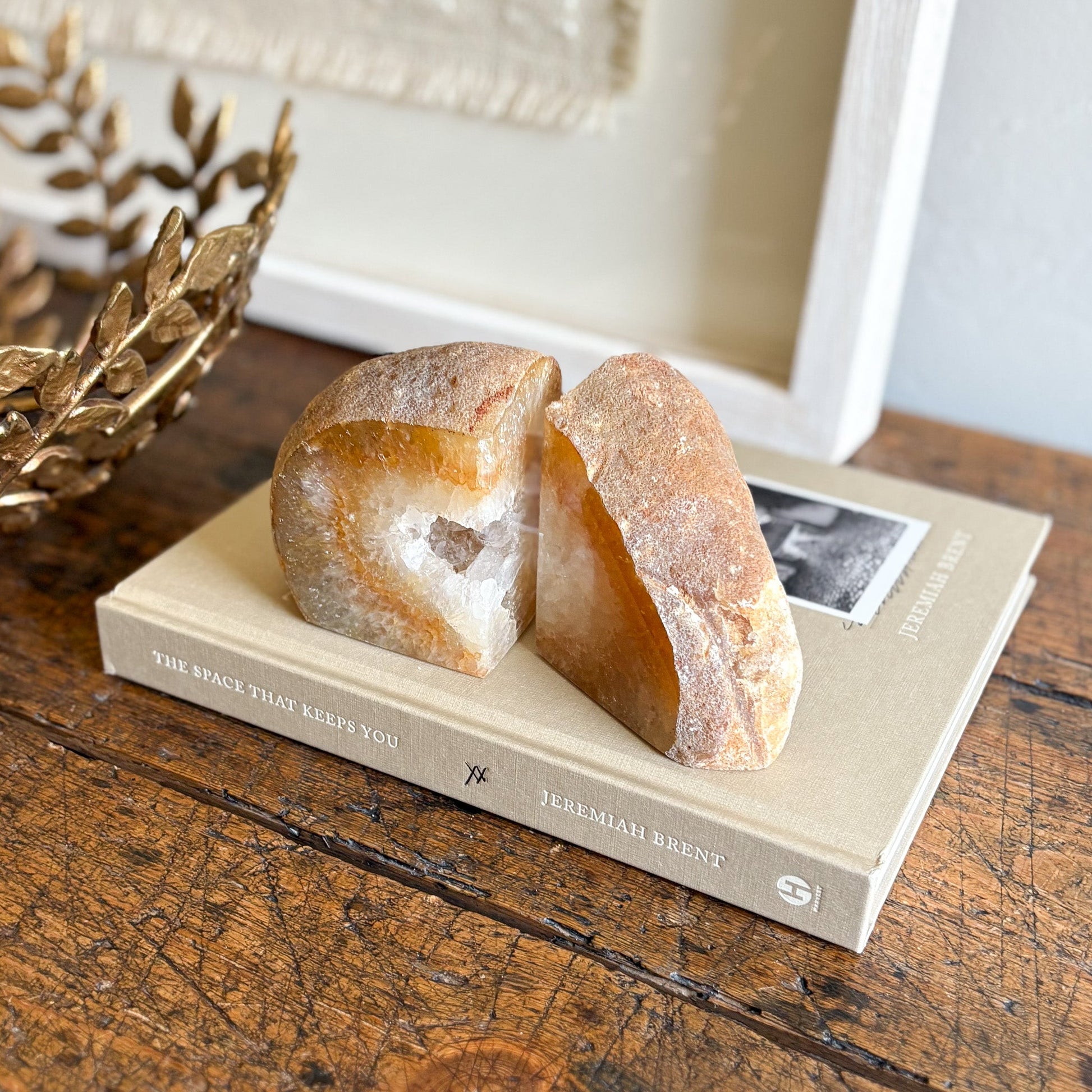 natural earth tone agate geode bookends, modern organic home decor