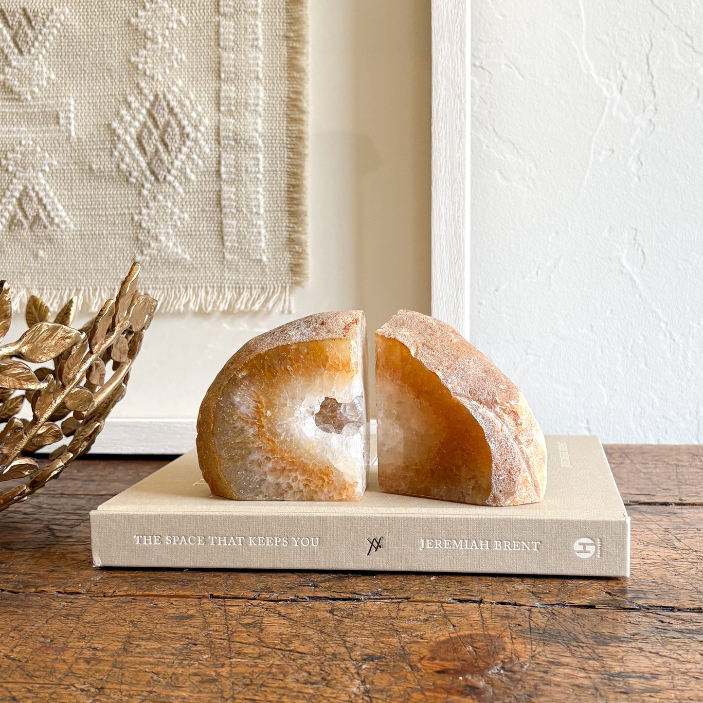 natural agate crystal bookends, earth tone natural stone bookends, modern organic home decor